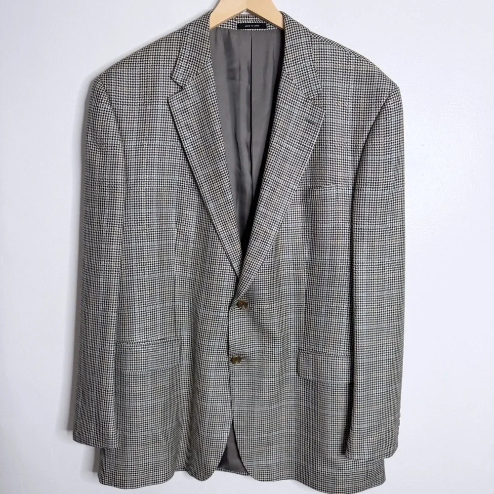 Chaps Ralph Lauren Men Silk 2-Button Sport‎ Coat Blazer Houndstooth 48L Preppy